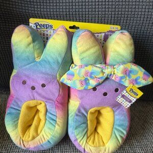 Peeps Plush Bunny Slippers Multicolor Rainbow Headband Big Kids Size Medium 13-1